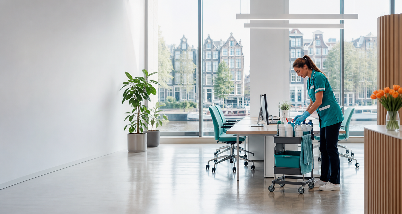 Professional cleaner in a spotless modern Dutch office